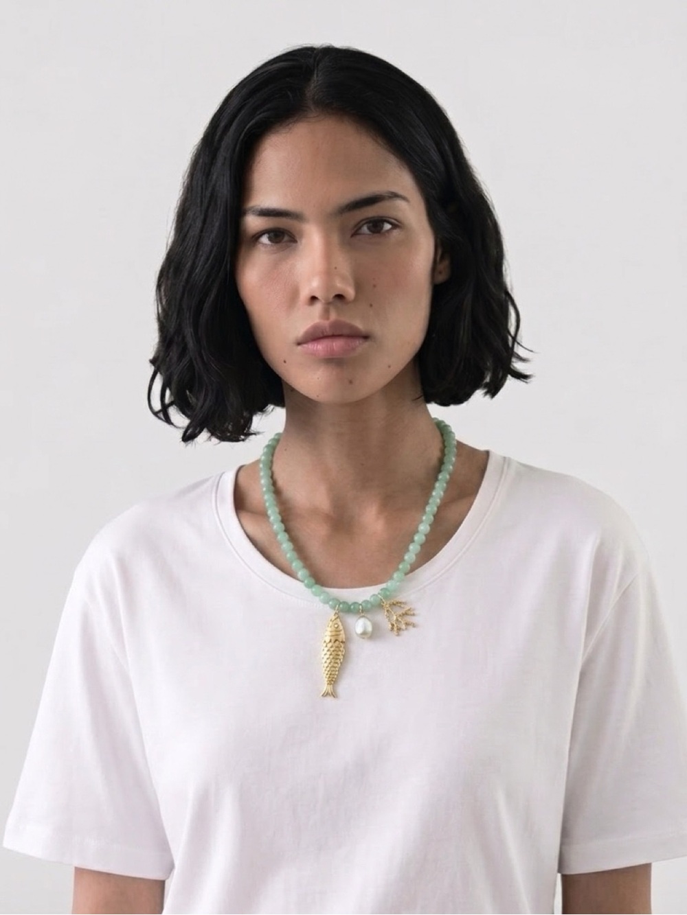 Mint Green Beaded Necklace with Gold Charms